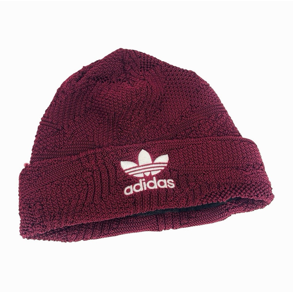 adidas Trefoil Burgundy Solid Knit Beanie Hat Fleece Lined Polyester One Size